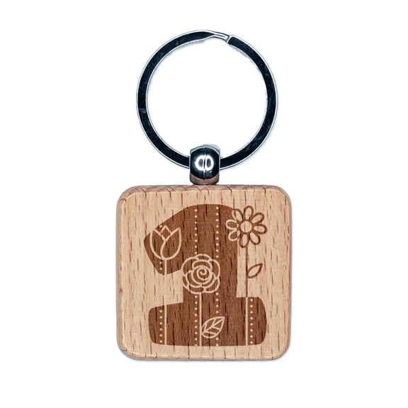 Sweet and Cute Flowers Rounded Block Number 1 One Square Keychain Charm Tag - Engraved Wood