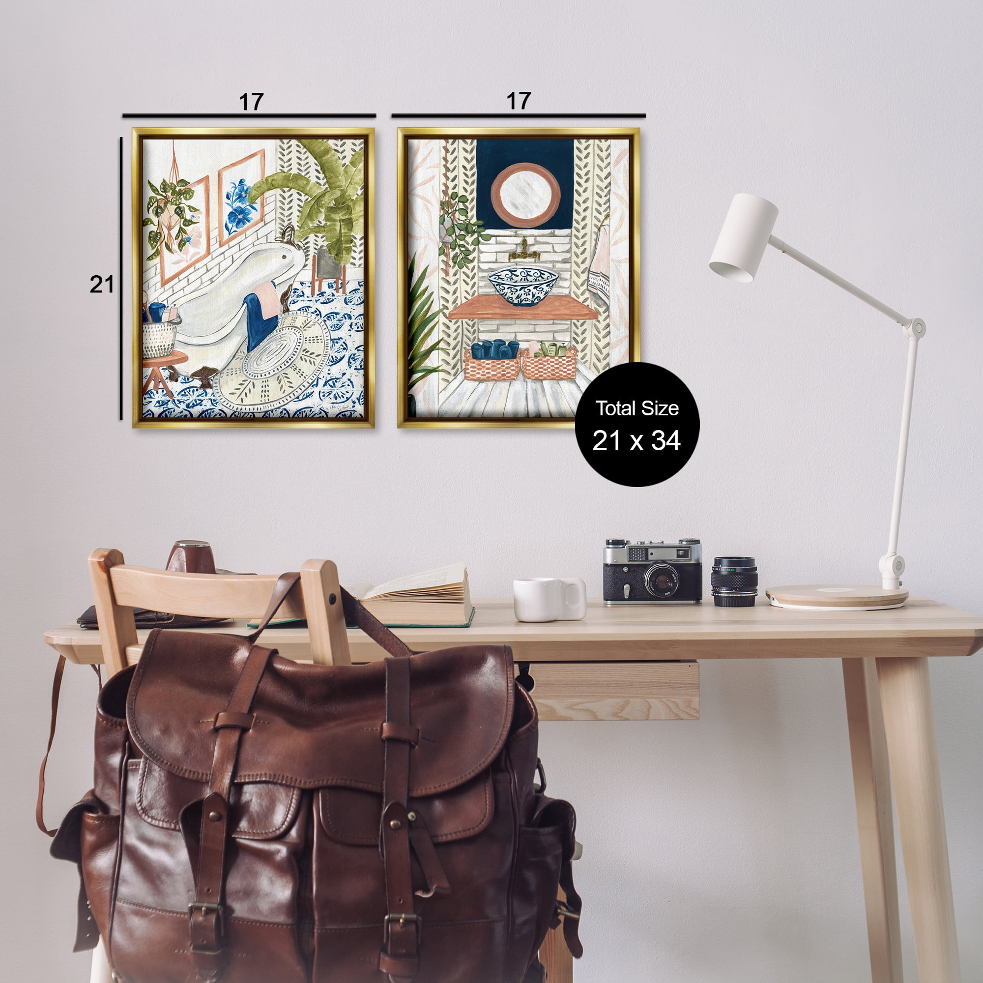Stupell Industries Boho Chic Bathroom Bath & Laundry Painting Gold Floater Framed Canvas Art Print Wall Art, 17 x 21, Set of 2