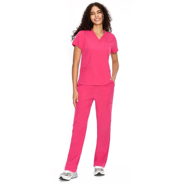 Set de limpieza COZYFIT, uniforme médico para mujer, cuello en V, rosa intenso, S