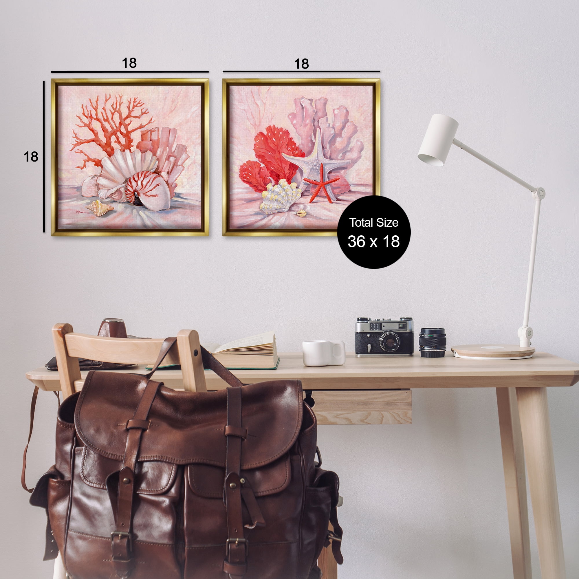 Stupell Industries Pink Coral Still Life Nautical & Beach Painting Gold Floater Framed Canvas Art Print Wall Art, 18 x 18, Set of 2