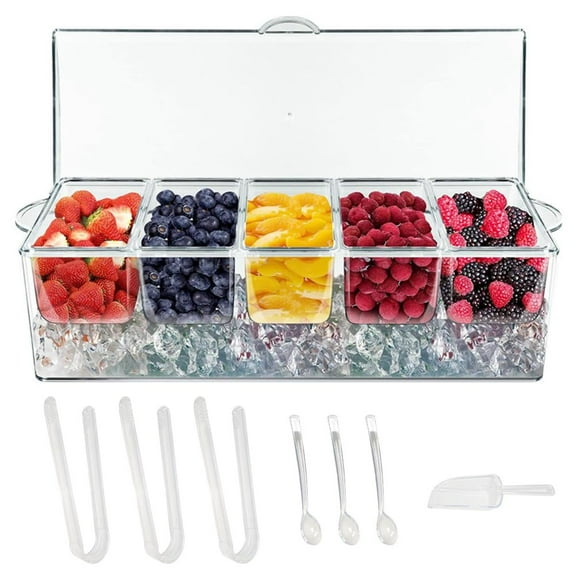 Chilled Condiment Server with Lids,Serving Trays,Condiment Caddy with 5 Containers,Ice Fruit Tray Platter for Bar Accessories,Salad,Taco,Party Garnish