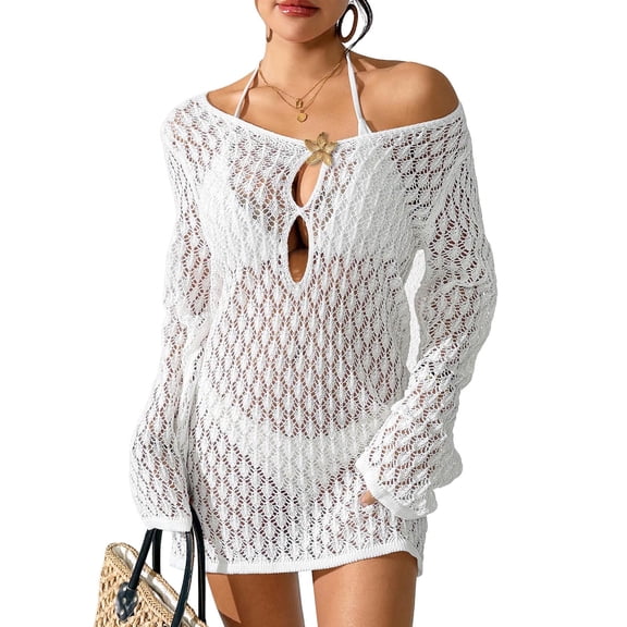 Lutiedan Women Swimsuit Crochet Swim Cover Up Summer Long Sleeve Mesh Knit Bathing Suit Dress One Shoulder Hollow Out Bikini Beachwear Beach Dress