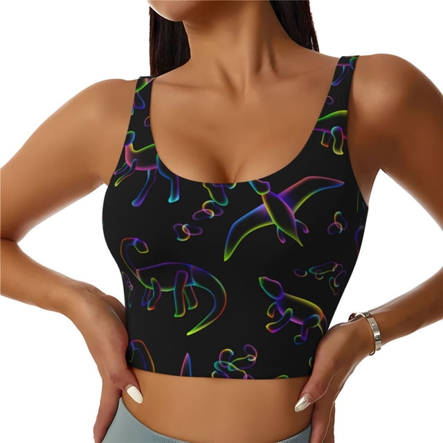 Fotbe Dinosaur Sujetador Deportivo Largo sin Aros para Mujer con Almohadillas y Soporte Medio, Transpirable y Absorbente, Camiseta Tipo Chaleco o Tank Top-Small