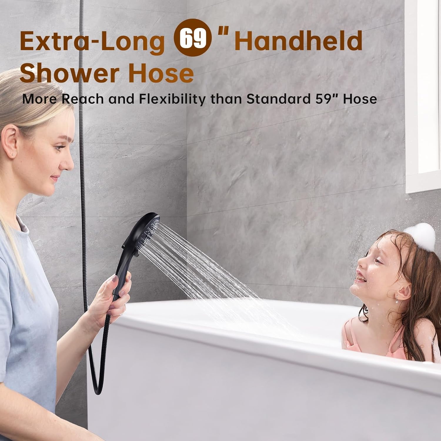 BRIGHT SHOWERS Rain Shower Head with Handheld Spray Built-in Power Wash, High Pressure Dual Shower Head with Height Adjustable Extension Arm, 3-Way Diverter, 9 Settings Handheld, 69" Hose, Chrome
