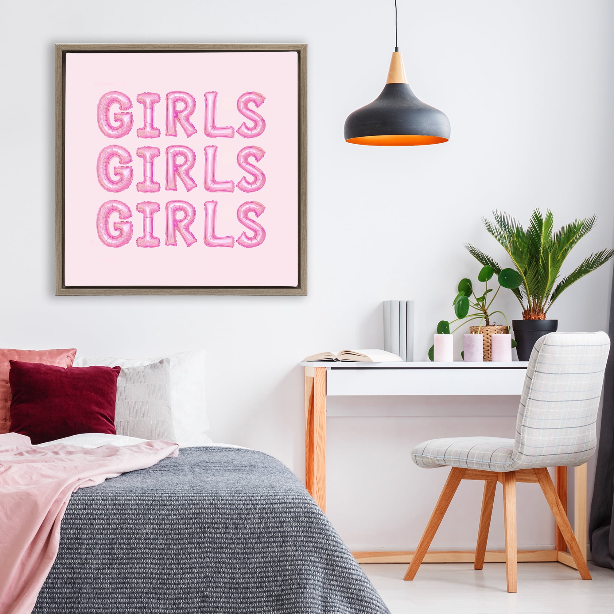 Stupell Industries Girls Letters Party Balloons Brown Framed Floater Canvas Wall Art, design by LISH Creative