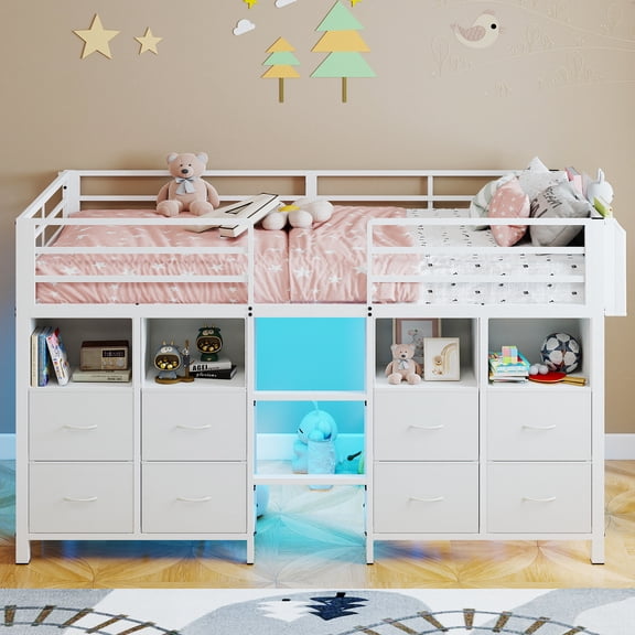 Anyhave Twin Low Loft Bed with 8 Storage Drawers, Bookcase, LED Lights, 14" Safety Guardrail, Metal Frame, White