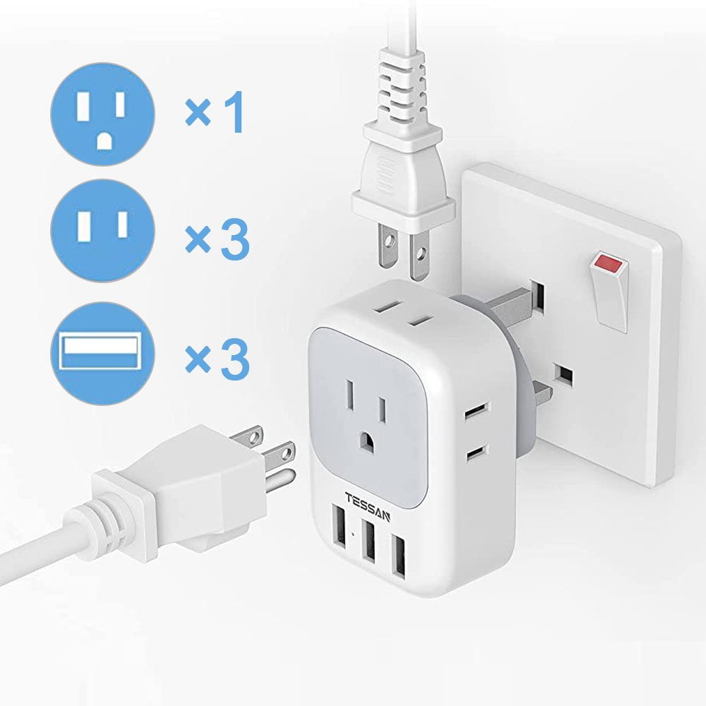 TESSAN Travel Adapter with 4 Outlets 3 USB, US to UK Plug Adapter, for London,Type G