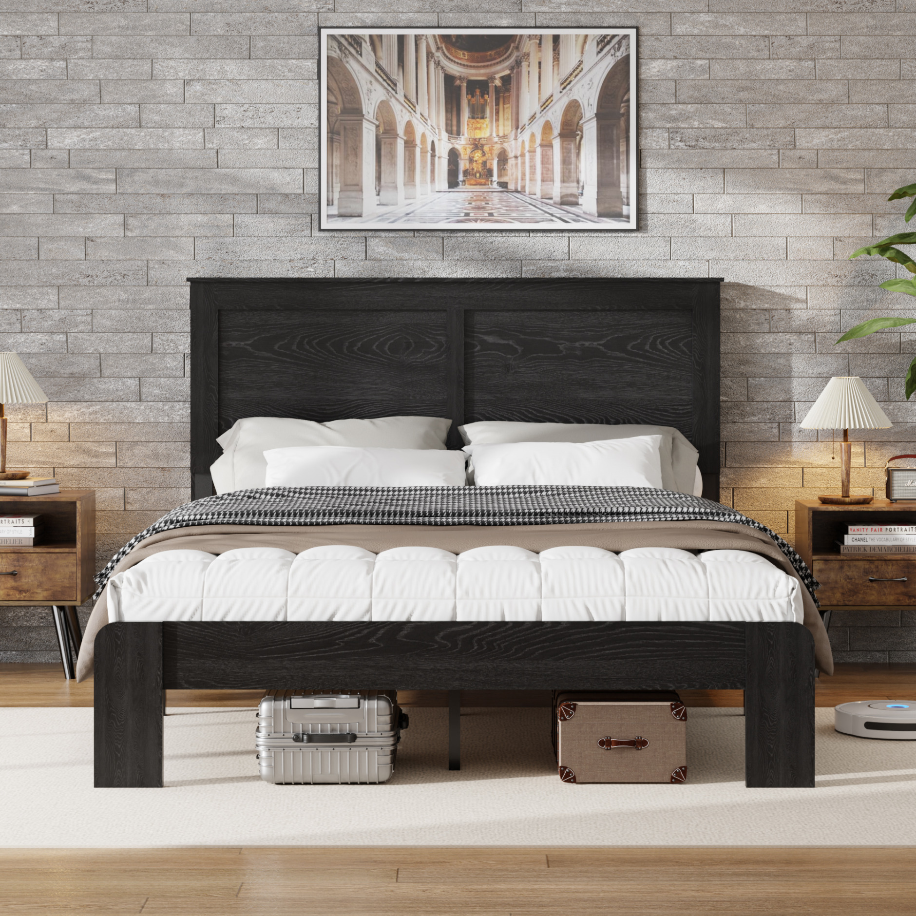 King Size Bed Frame with Headboard,Wood Platform Bed with Under Bed Storage Space and Sturdy Wooden Slats Supports,Noise-Free,No Box Spring Needed,Easy Assembly,Antique Black