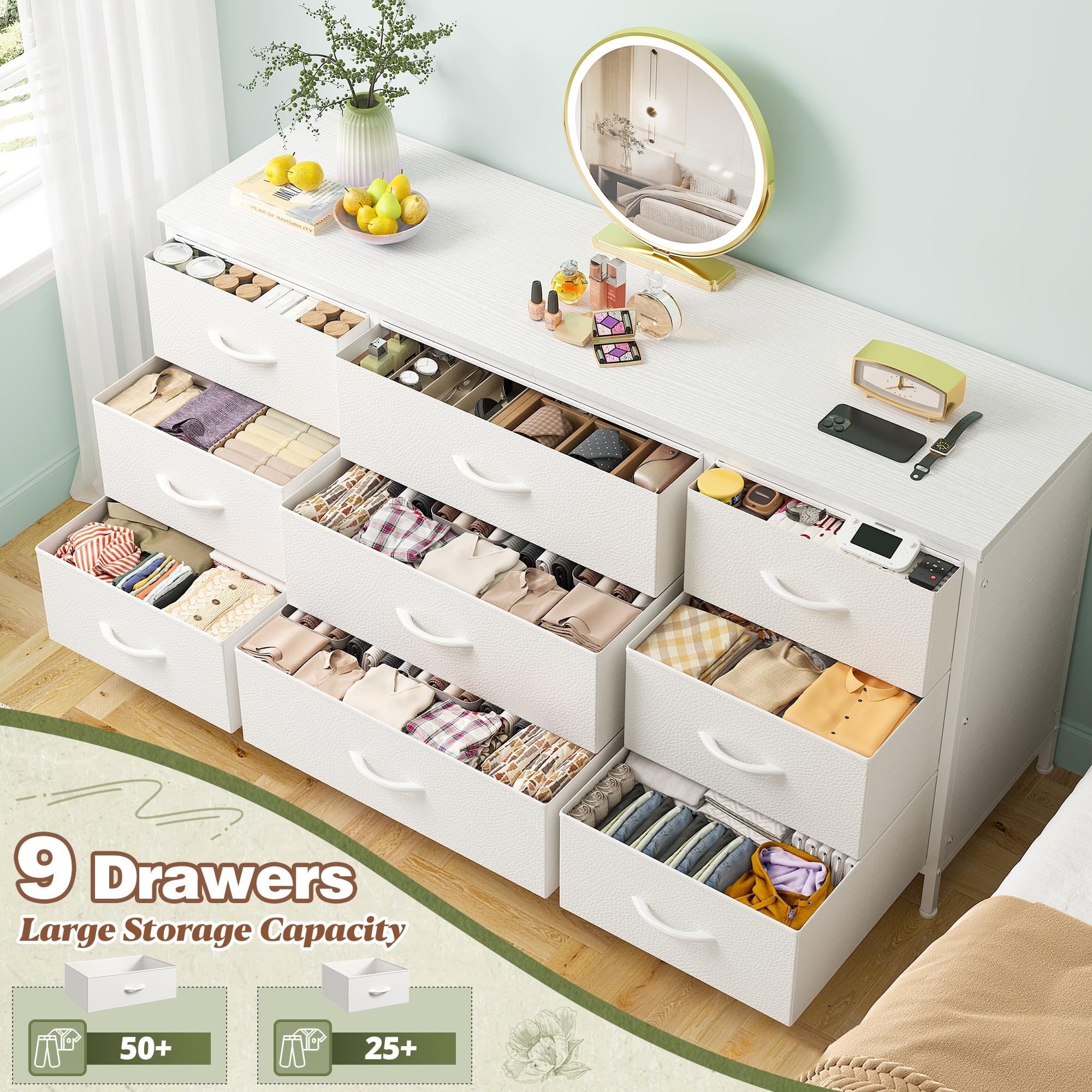 EnHomee White Dresser TV Stand with 9 Drawers Dresser for Bedroom Wide Chests of Drawers for Living Room  (图2)