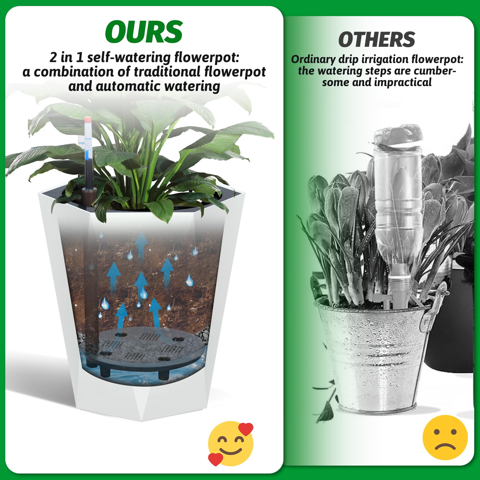 Garvee 2025 New 16" Tall Planters Set of 2, Outdoor＆Indoor Planter Pots, High Front Porch Planter Pots with Drainage Holes＆Water Level Monitor＆Inner Bucket, Automatic Watering, White