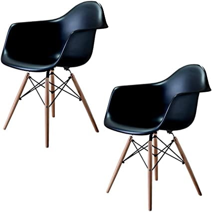Set de 2 Sillas Grupo Microtec Replica Estilo Eames con Brazos Negro Pata Madera Comedor Oficina Sala Cocina o Jardin Plastico Grueso Grupo Microtec Daw Daw