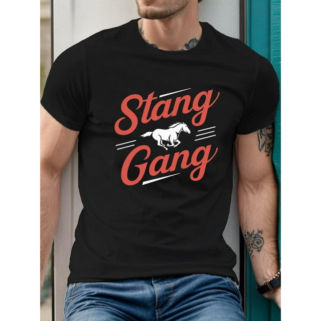 Stang Gang horse illustration print tee shirt, Tees for Men, Casual Short Sleeve T-shirt for summer Tee For Adult, Men, Women, Teen, Teenager, Adolescent, Youth.