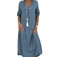 thumbnail image 2 of Flmtop Women Half Sleeve Side Slitting Hem V-neck Loose Long Denim Dress Streetwear for Daily Life, 2 of 8