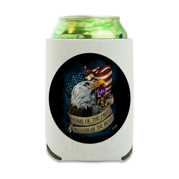 Home of the Free Because of the Brave Purple Heart Eagle American Flag Can Cooler - Drink Sleeve Hugger Collapsible Insulator - Beverage Insulated Holder