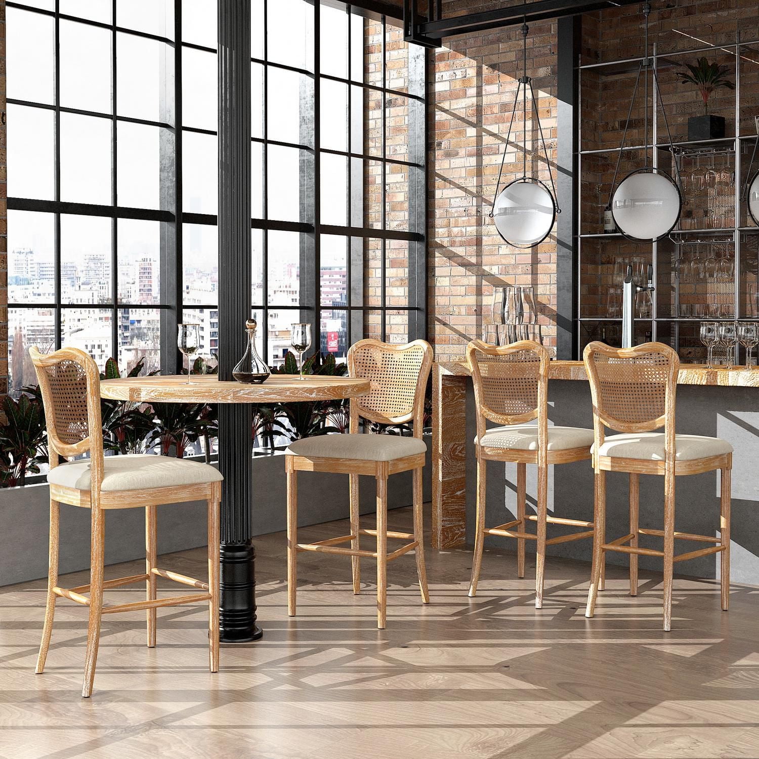 High Dining Chairs Set of 2, Upholstered Side Chairs with Cane Back & Wooden Legs, Mid Century Modern Designed Chairs Living Room Kitchen Chairs