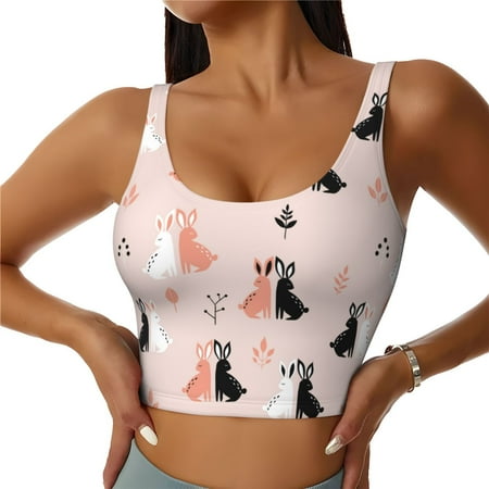 Jgfou White And Black Rabbit Print Womens Sports Bra - Padded Workout Sports Bras Crop Tank Top