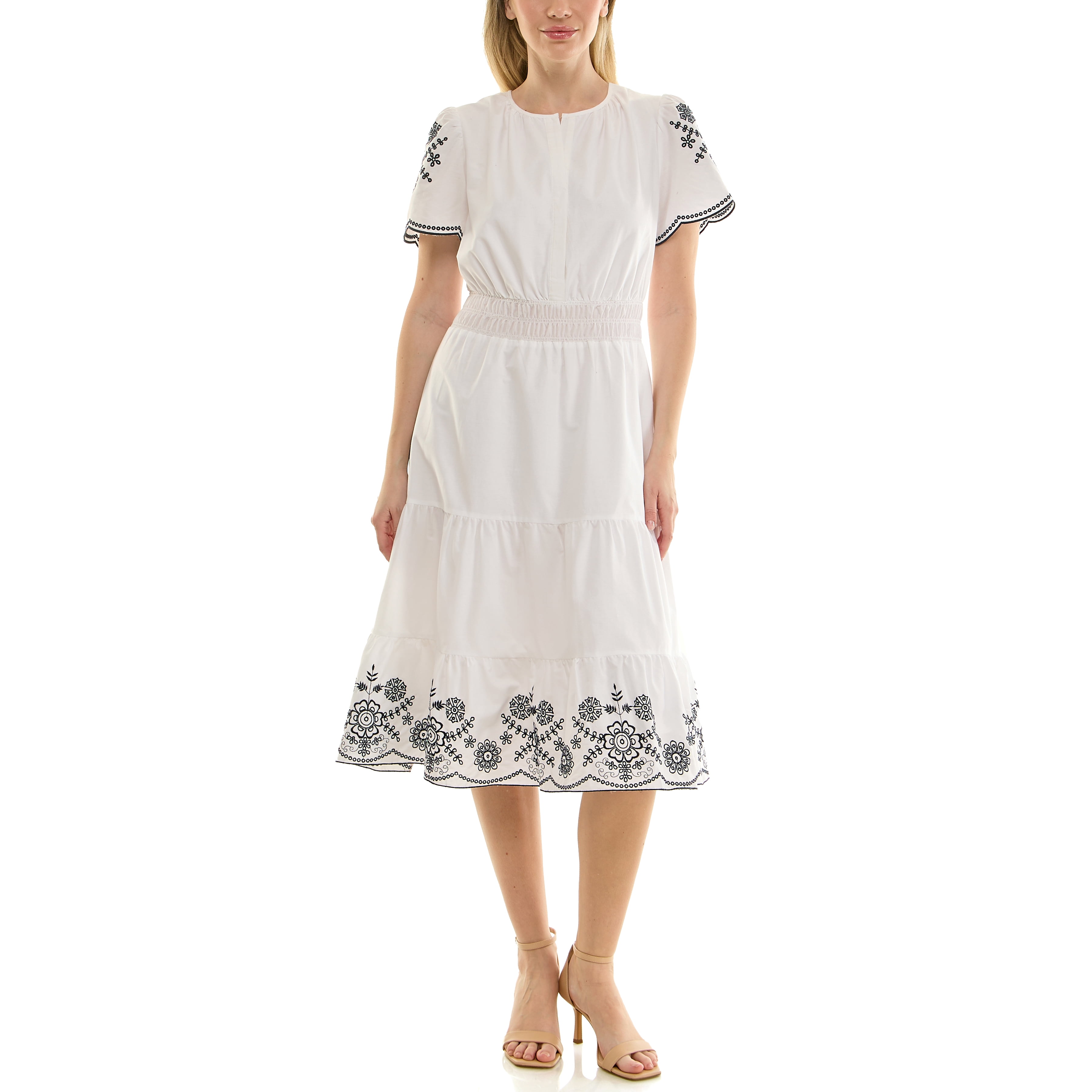 Nanette Lepore Split Neck Cotton Midi Dress With Embroidery