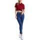 thumbnail image 2 of Chaqueta de mezclilla recortada de mujer con cuello de solapa y mangas cortas, lavada, roja, talla L, 2 of 6