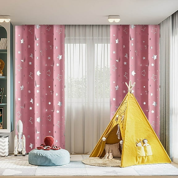 HCBY Space Themed Star Curtains with Silver Pattern - Thermal Blackout for Bedroom & Living Room, Rod Pocket and Grommets Design Machine Wash(Pink,63"x52")