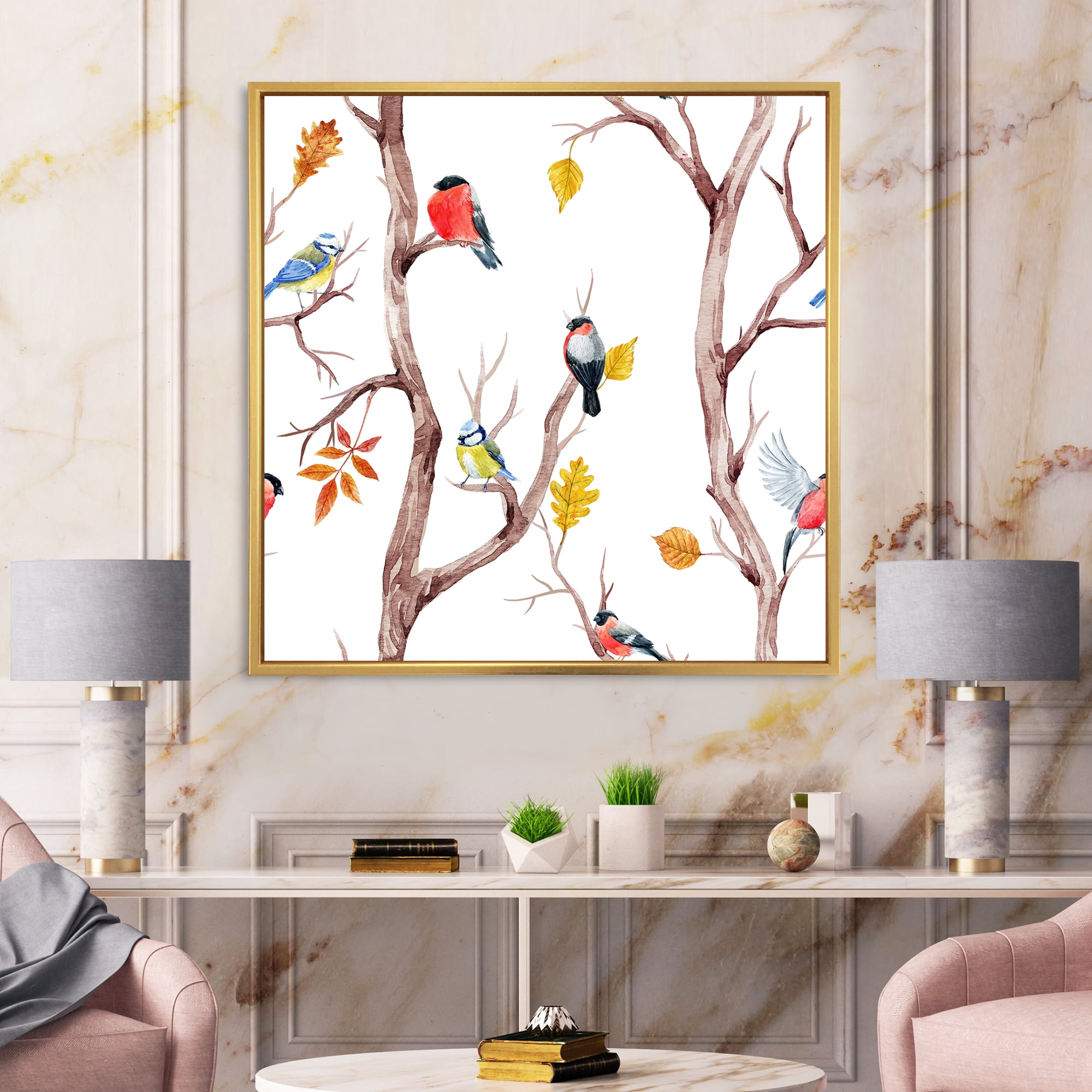 Designart 'Little Birds and Fall Trees' Traditional Framed Canvas Wall Art Print