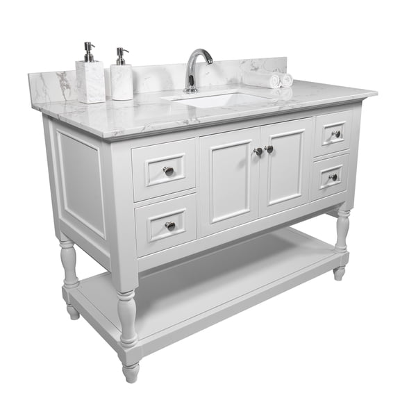 JERFIT 43 Inch Carrara White Engineered Stone Vanity Top with Undermount Sink, Backsplash & Single Faucet Hole for Bathroom Remodel