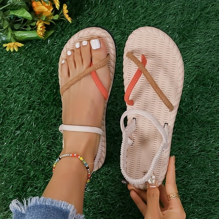 

Women s Contrast Color Flat Sandals Toe Loop Elastic Strap Summer Shoes Casual Slip On Beach Sandals