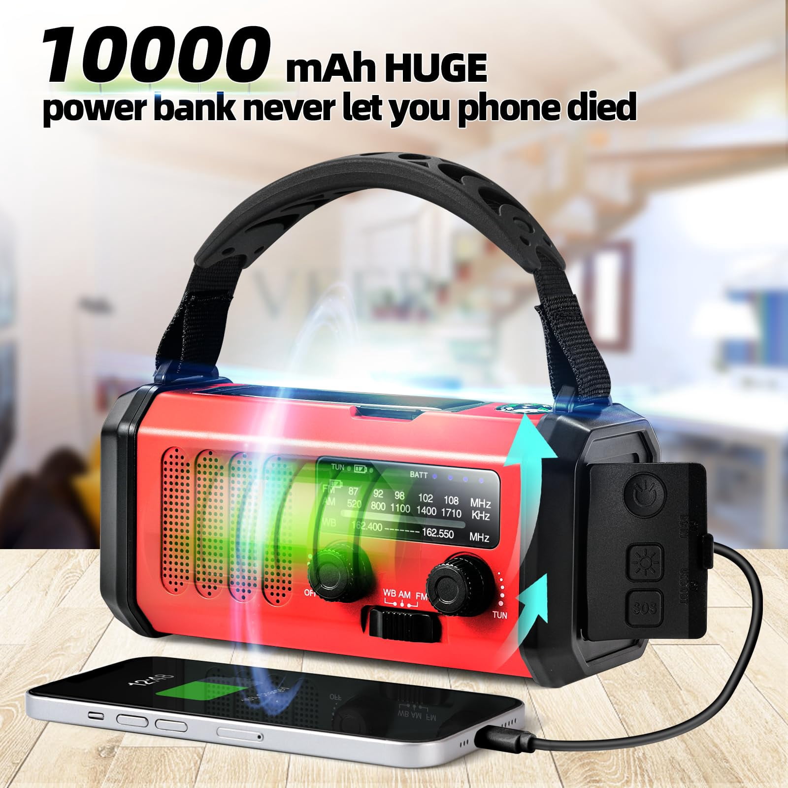 Emergency Weather Radio 37000mwh Portable Noaa/am/fm Crank  Reading Light Solar Sos Flashlight Multiple Power Sources For Hurricanes And Emergencies