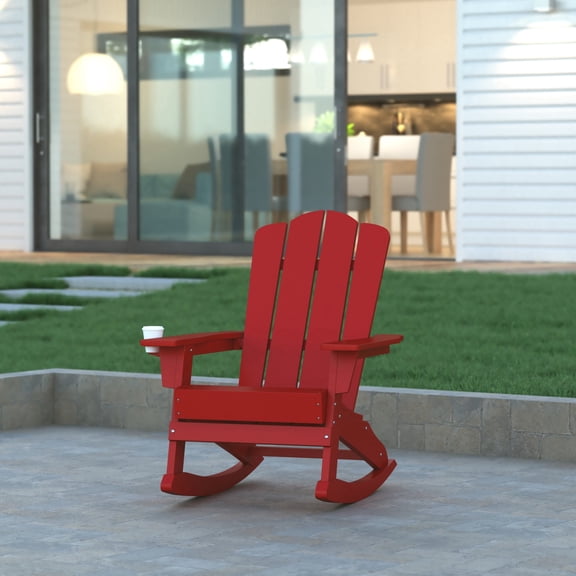 Emma Oliver Adirondack Rocking Chair with Cup Holder, Weather Resistant HDPE Adirondack Rocking Chair in Red