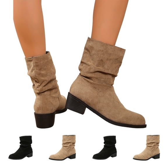 IEMIEMIEM Women's Faux Suede Ankle Boots Low Block Heel Round Toe Pull On Casual Slouch Fall Winter Mid Calf Booties Khaki 6.5 Wide
