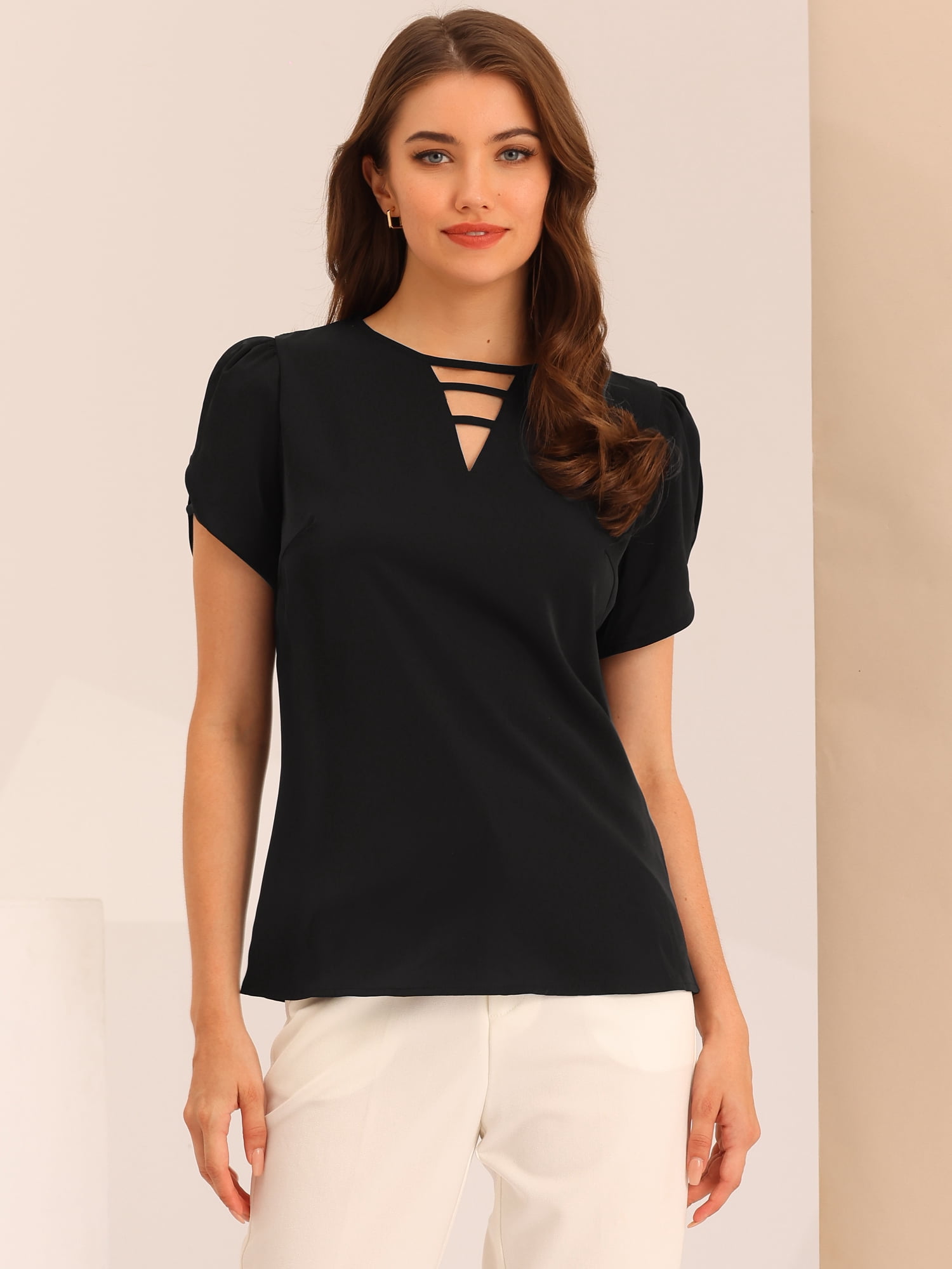 DARING DIVA Cut-Out Split-Neck Blouse Slashed Cuffs Top XS Black