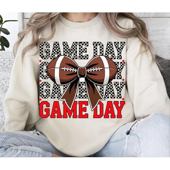 Game Day , Checkered Football Bow , Red Stars Game Day Sublimation, Football Mom Shirt Design, Trendy Sports Season Clipart TSHIRT All Size S-5XL