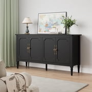 CozyHome Mid Century Modern Console Cabinet with Accent Storage, 4-Door Media Buffet for Living Room, Black