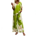 thumbnail image 2 of Snorda Pants Set for Women Floral Printed V-Neck Short Sleeve Top and Elastic Drawstring Waist Wide Leg Pants Summer Ladies 2 Piece Casual Loose Outfits for Daily Wear, 2 of 9