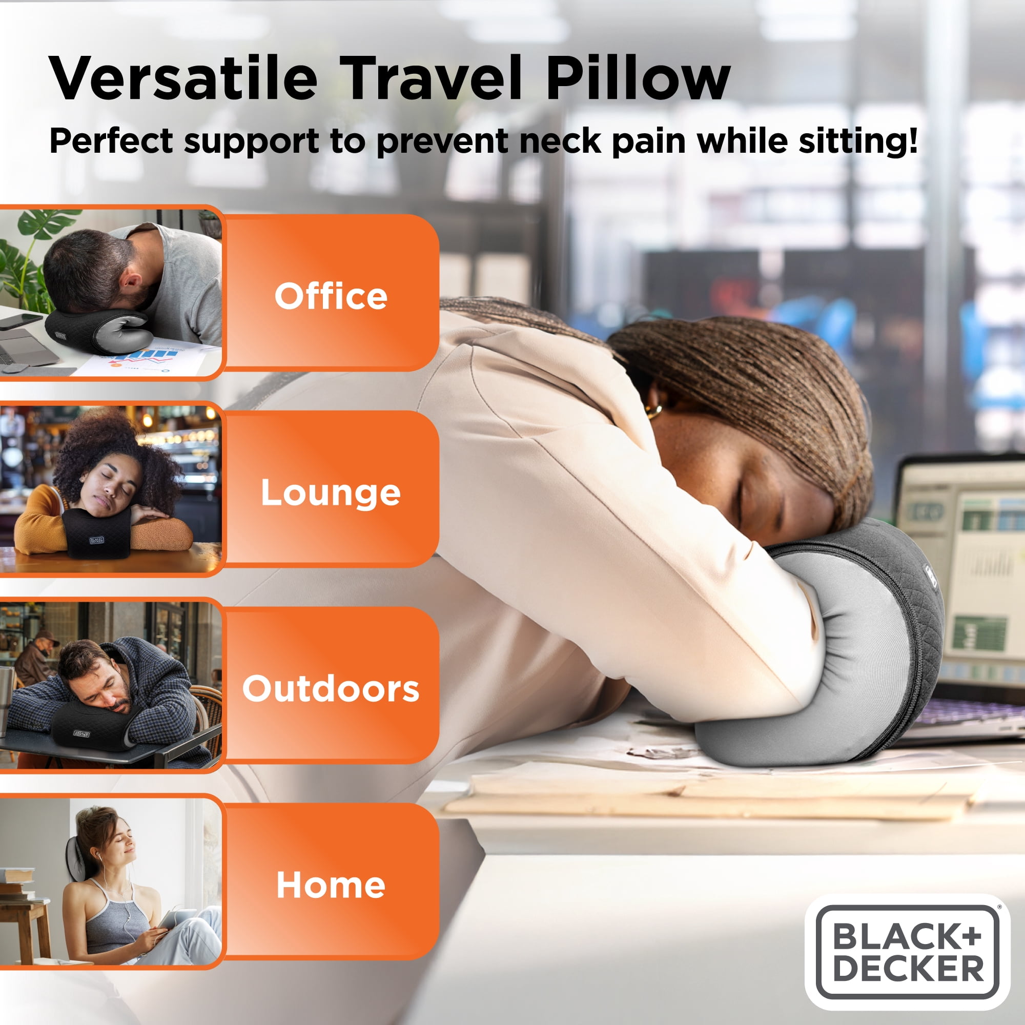 BLACK+DECKER Quilted Knit Nap and Cervical Neck Pillow, Memory Foam Travel Pillow, Black
