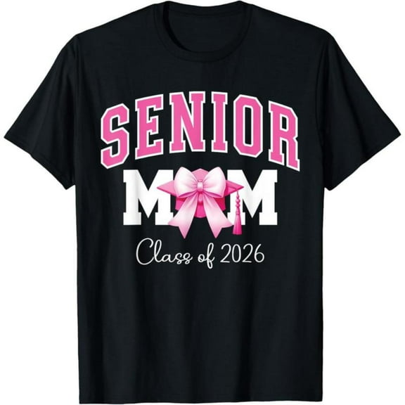 Playful Graduation Graphic Tee, Tops Has "SENIOR", "MOM", "Class of 2026" Text with Grad Cap & Bow Design, Round Neck Regular Fit T - shirts, Size(S - 5XL)
