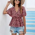 thumbnail image 3 of Mujer Manga Corta Top Cuello En V Estampado Floral Dobladillo Con Volantes Cintura Elástica Camiseta De Verano Rosa Profundo XS, 3 of 7
