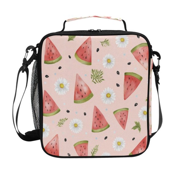 Square Insulated Lunch Bag Reusable Thermal Lunch Box Tote Cooler Bag with Side Mesh Pocket Watermelon and Daisy