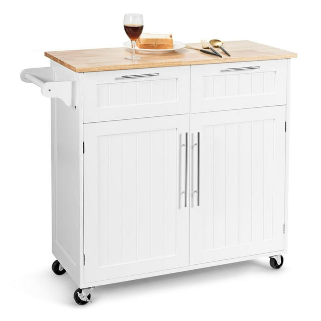 Giantex Rolling Kitchen Island Cart Storage Trolley Multipurpose Serving Cart with Storage,Lockable Wheels,Towel Rack and Rubber Wood Top(White)