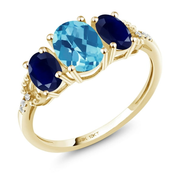 Gem Stone King 10K Yellow Gold 3-Stone Diamond Engagement Ring 2.12 Ct Oval Checkerboard Swiss Blue Topaz Blue Sapphire (Size 6)