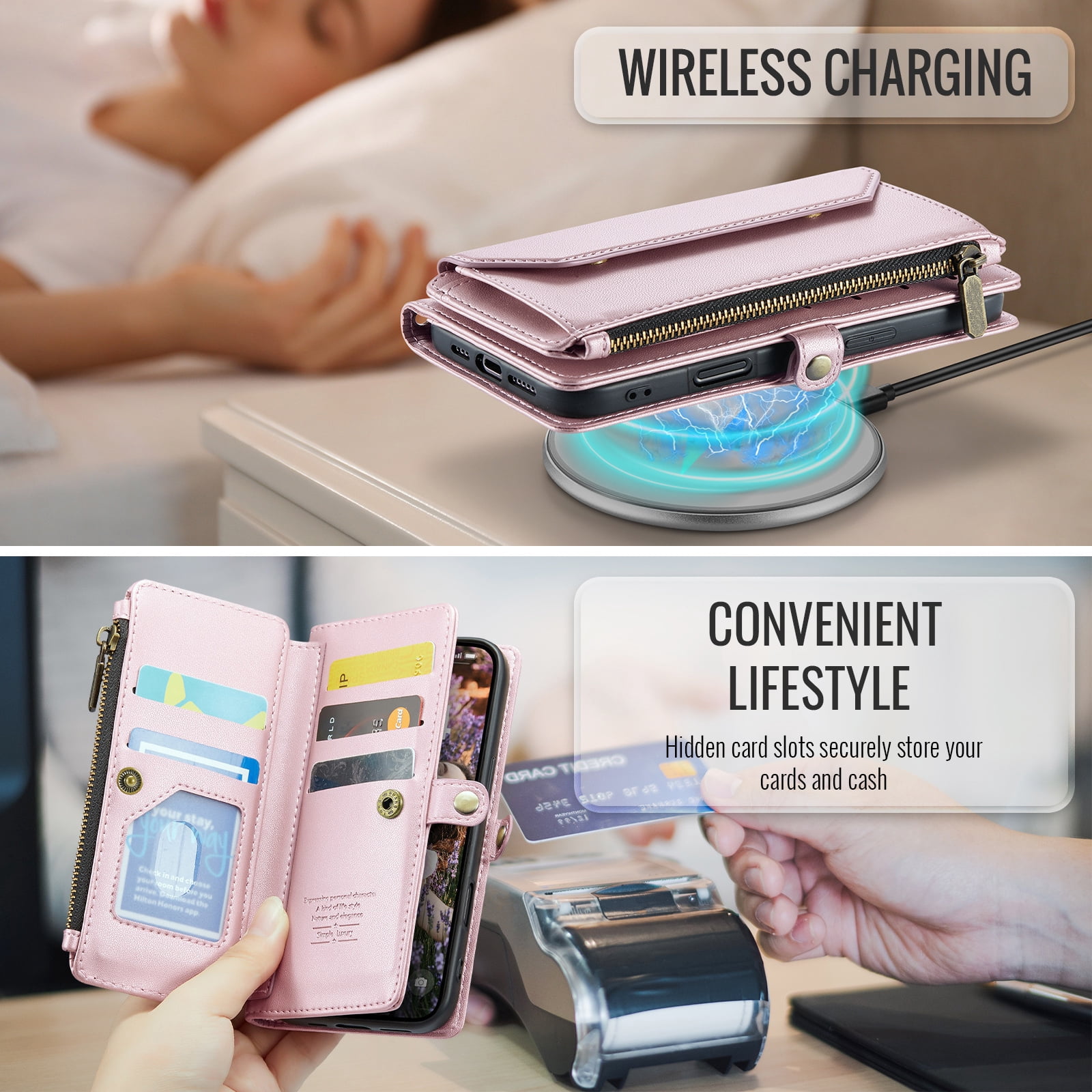 Asuwish Compatible with iPhone 17 6.3 inch Zipper Wallet Phone Case Tempered Glass Screen Protector Crossbody Lanyard Strap Flip Card Holder Slot Cell Cover for i Phone17 i17 17Case Women Rose Gold