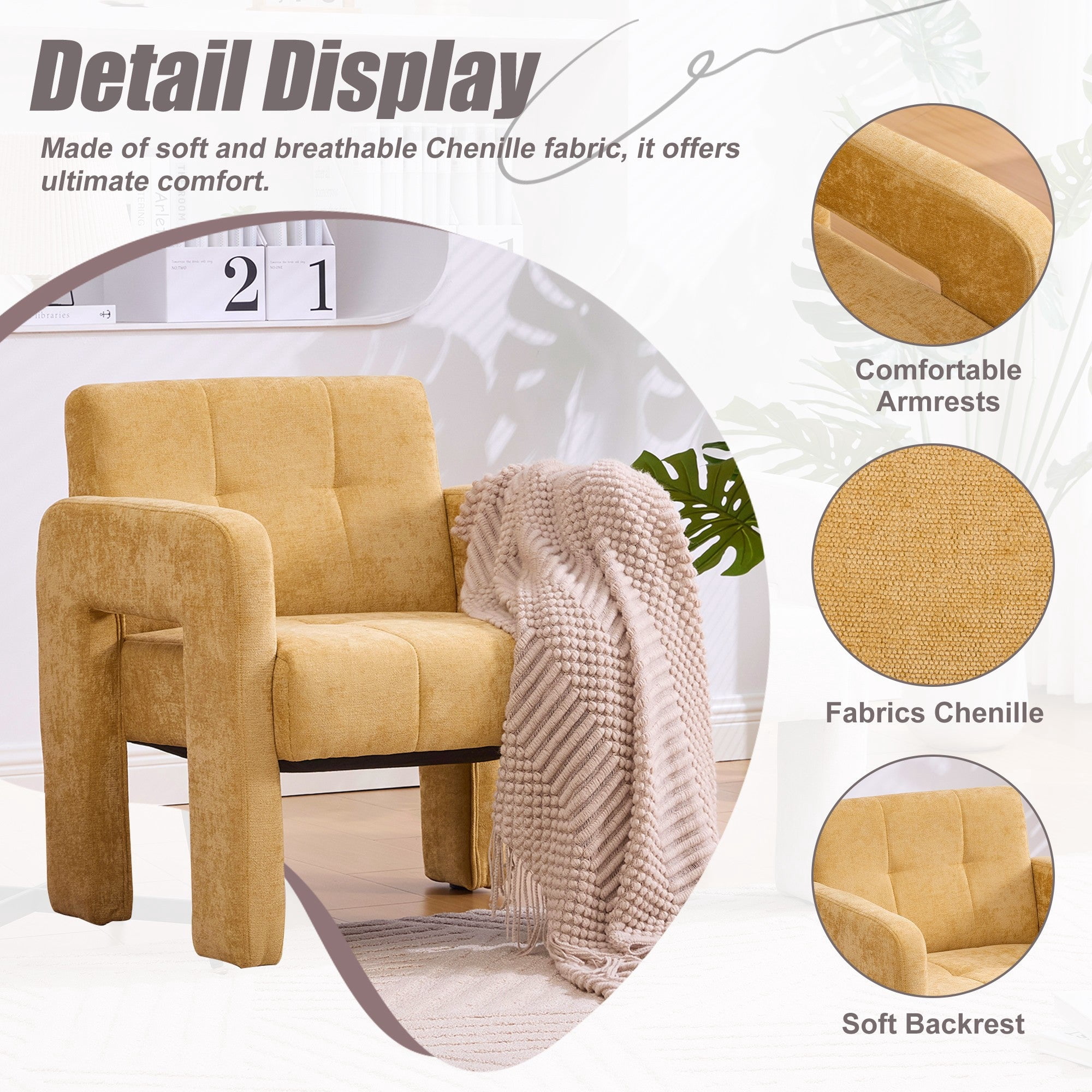 Sailvan Modern Minimalist Single Armchair,Soft Chenille Accent Chair for Living Room,Bedroom & Office,Comfy Nordic Reading Chair Mustard yellow