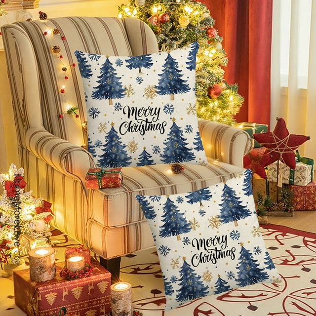 Blue Christmas Linen Material Elks Snowflake Component Pillowcase 18x18 In Home Bedroom Decoration Sofa Cushion