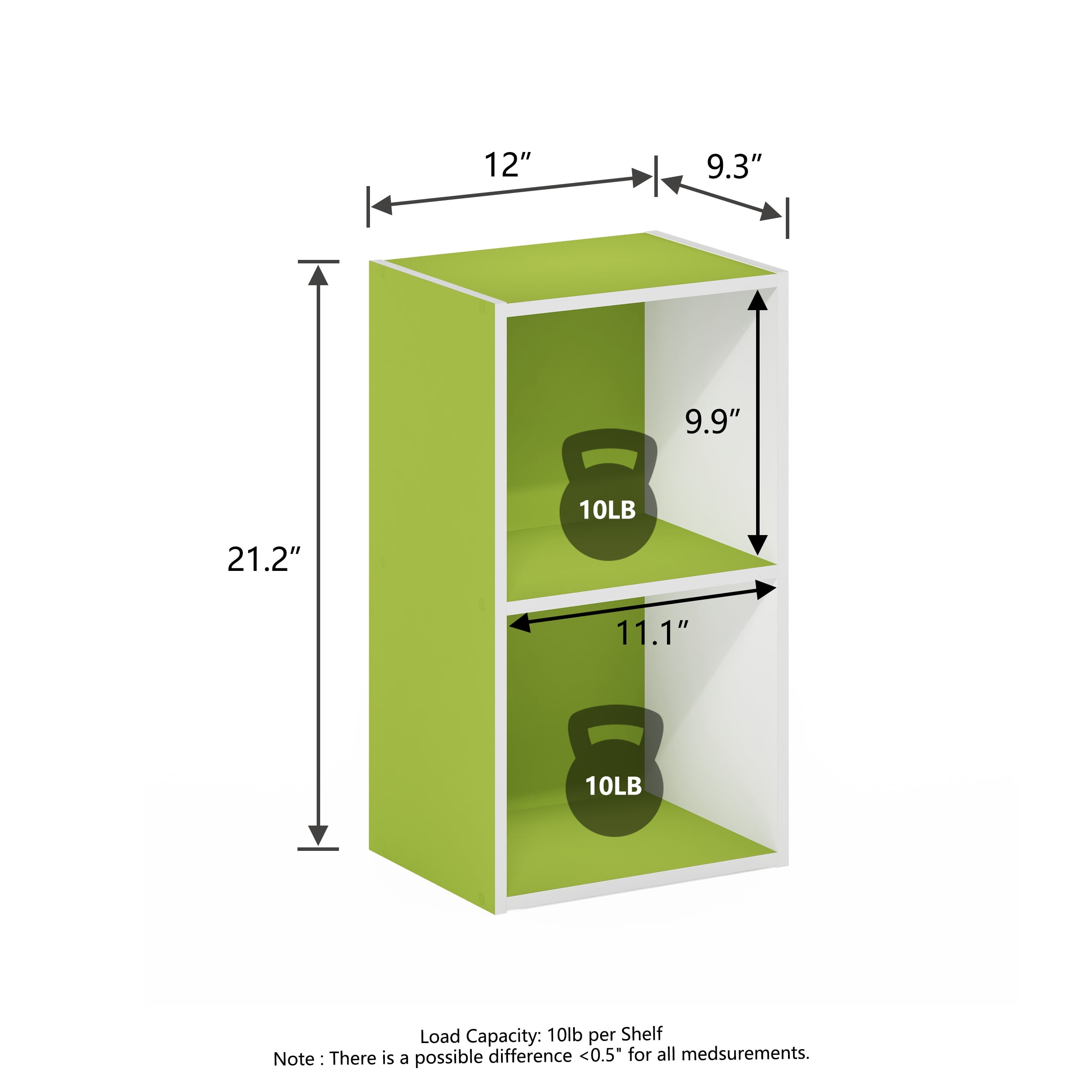 HOMLUX 9" x 12" x 21" Storage Shelf 2 Tier Cube Bookcase, Suitable for Small Space, White & Green