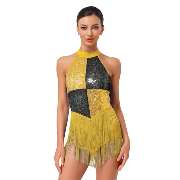 inlzdz Women's Shiny Sequin Jazz Latin Dance Leotard Tassel Hem Bodysuit Rumba Samba Dancing Outfit Gold XXL