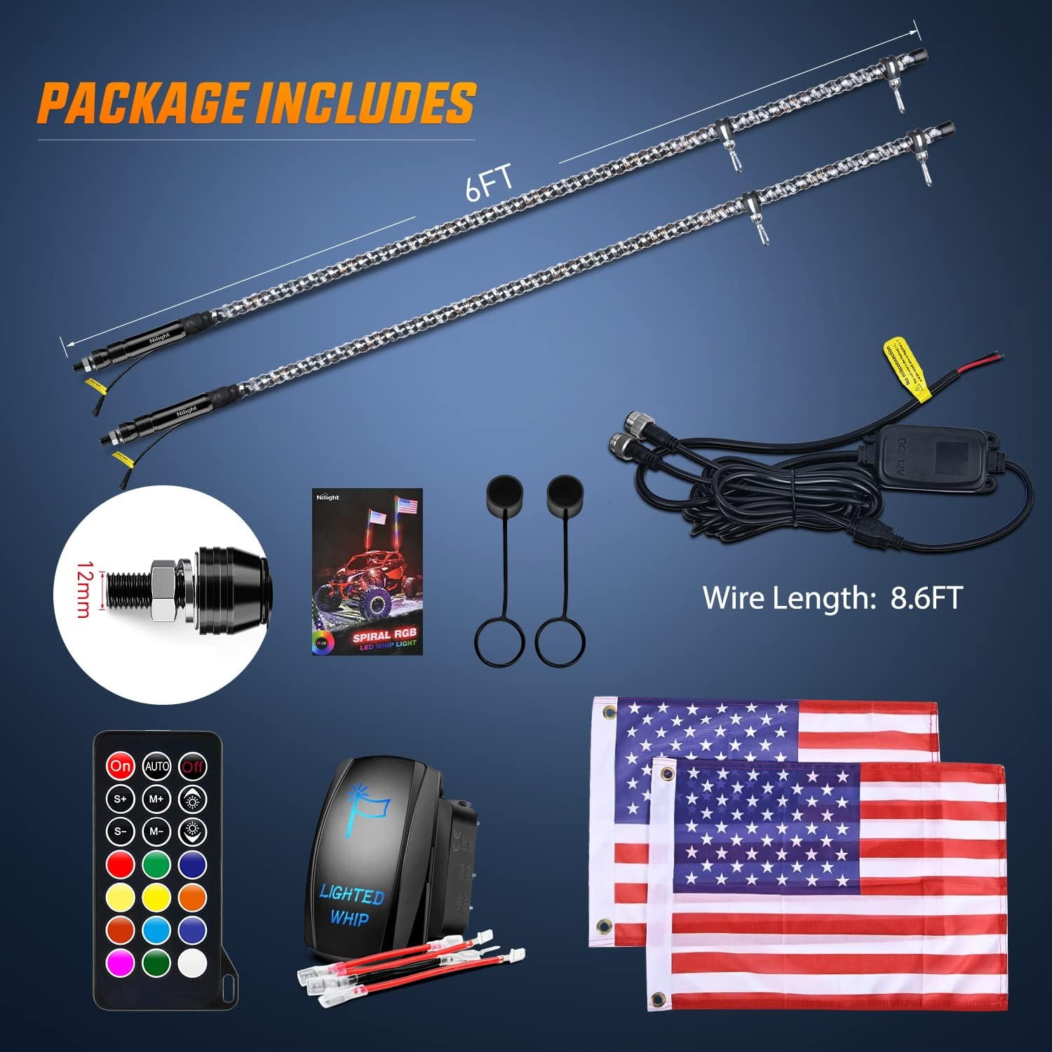 Nilight 2PCS 6FT Spiral RGB Led Whip Light w/RGB Chasing/Dancing Lights RF Remote Control Lighted Antenna Whips for Can-am ATV UTV RZR Polaris Dune Buggy 4 Wheeler Offroad Jeep Truck