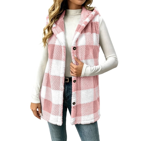 QIYAGBSA Fleece Vest for Women Hooded Button Down Plaid Sleeveless Long Cardigan Outerwear (Pink, 2XL)