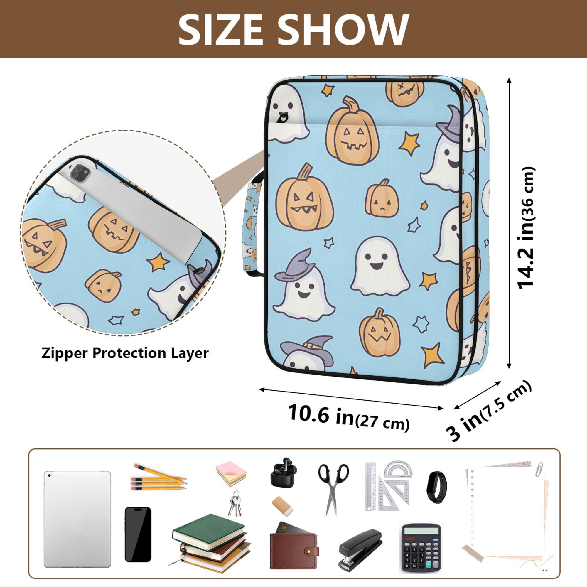 FORMRS Accordion File Folder A4 Size 7-Pocket Expanding Document Organizer Bag with 3 Ring Binder, Blue Halloween Ghosts