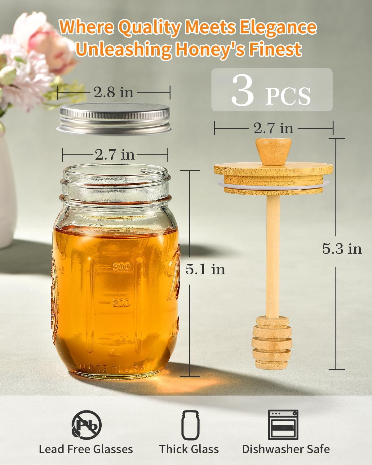 Honey Jar with Dipper and Lid, 16oz Pot Set of 3, Syrup Storage Jars Lids, Dispenser for Home Kitchen
