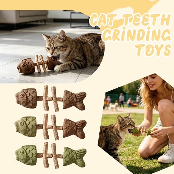 Cat Chew Toys for Teeth Cleaning, Natural Silvervine Sticks Matatabi Fish Bone Shape Catnip Toy for Indoor Cats, Reusable Cat Teeth Grinding Toy Dental Health, Multi 3pc