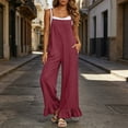 thumbnail image 4 of Hurxie Women Casual Loose Long Bib Pants Wide Leg Jumpsuits Baggy Cotton Rompers Overalls with Pockets Red,L, 4 of 7
